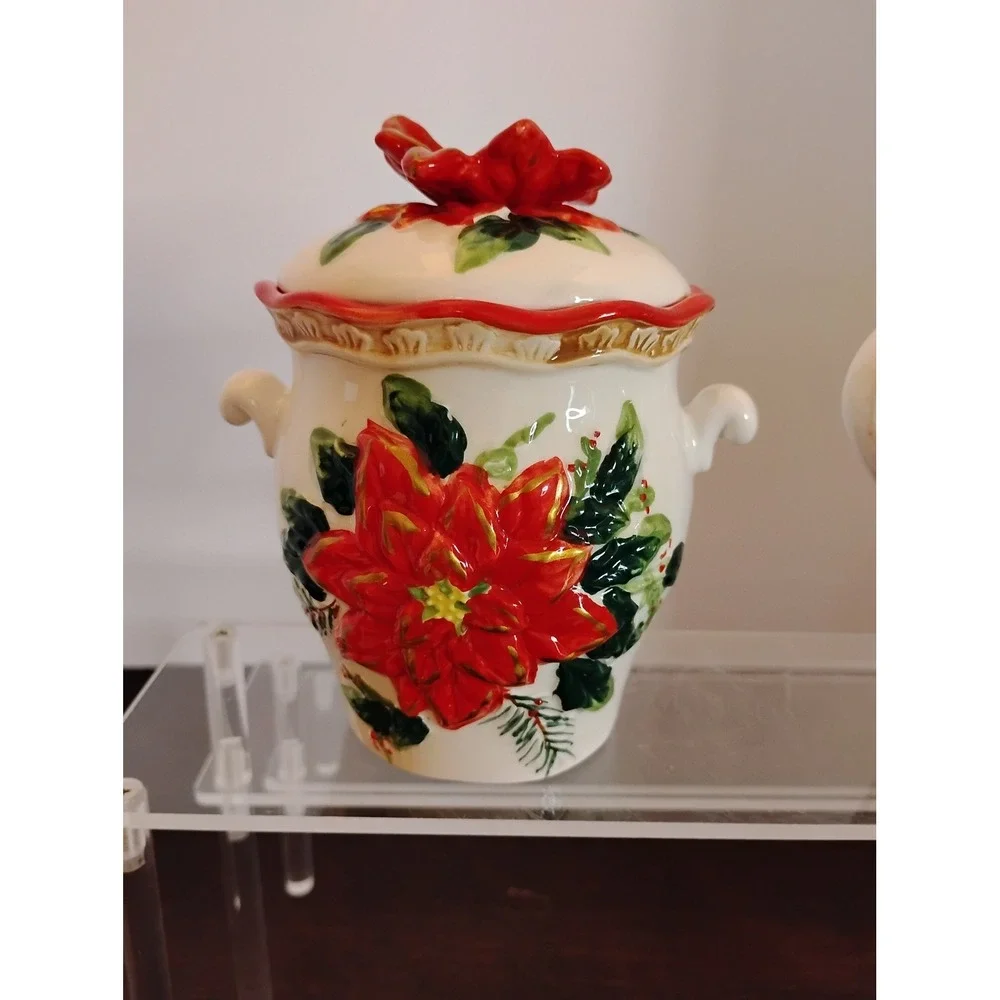 Holiday Ceramic Sugar and Creamer Set Poinsettia Christmas Floral Red White